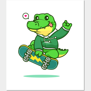 Cute crocodile playing skateboard cartoon vector icon illustration Posters and Art